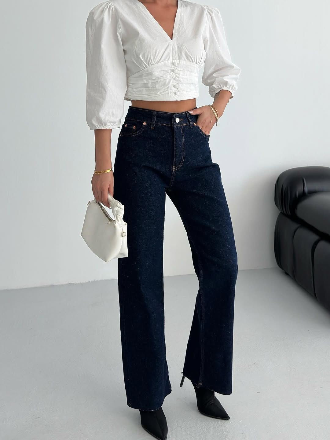 Raw wide leg destroyed denim